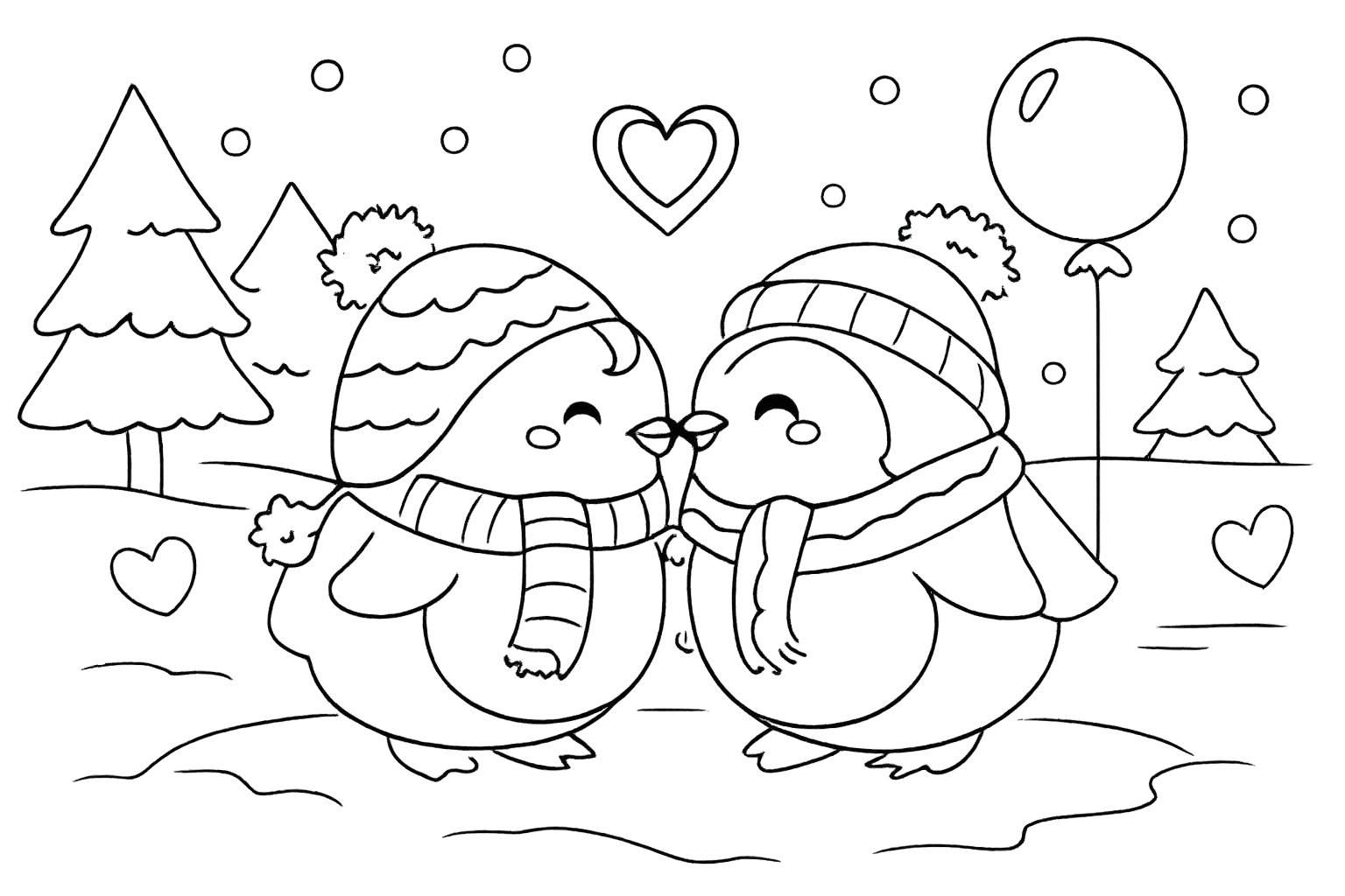 pinguin liefde koppel kleurplaat - zwart-wit lijntekening