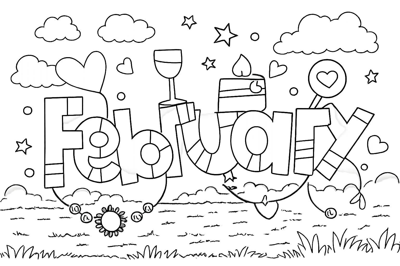 Februari kleurplaat - zwart-wit lijntekening