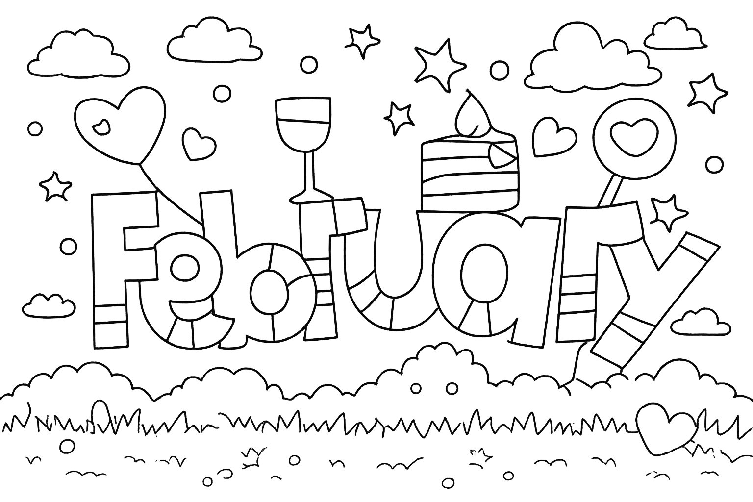 Februari kleurplaat - zwart-wit lijntekening