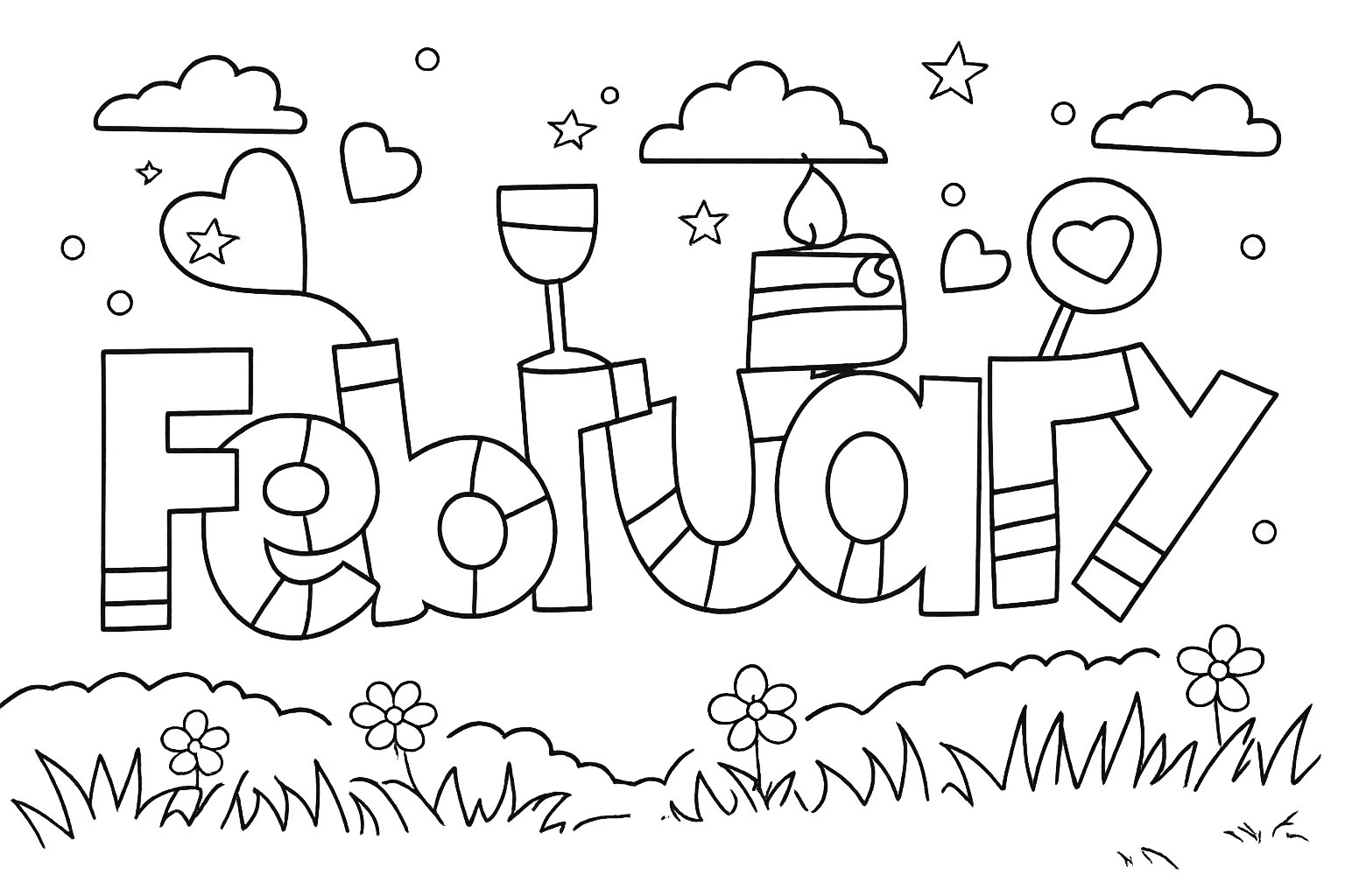 Februari kleurplaat - zwart-wit lijntekening