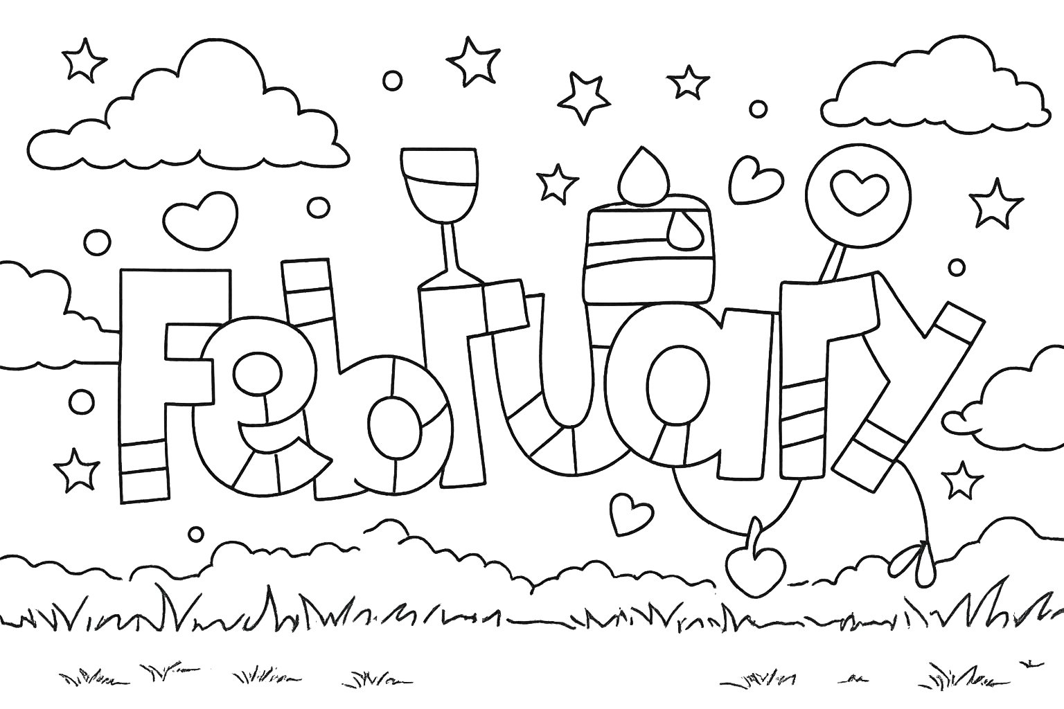 Februari kleurplaat - zwart-wit lijntekening