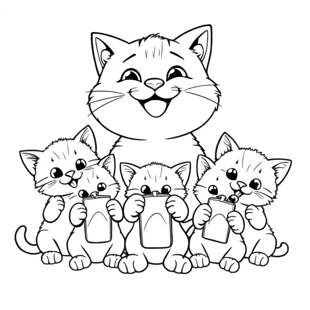 Feuille de coloriage gratuite 3 chatons et une douce maman chat riante, chacun avec
