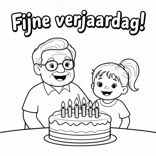 75-jarige man met bril samen met een 2 jarig meisje met paardenstaart, met kaarsen op een taart kleu