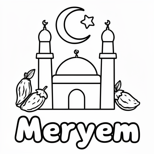 Aksa moskee met wat dadels en maan en ster kleurplaat voor kinderen