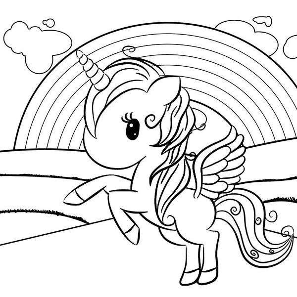 Arco iris con bonito unicornio coloring page for children
