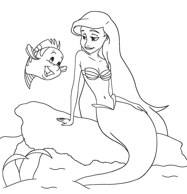 Ariel assise sur un rocher avec une limande coloring page for children