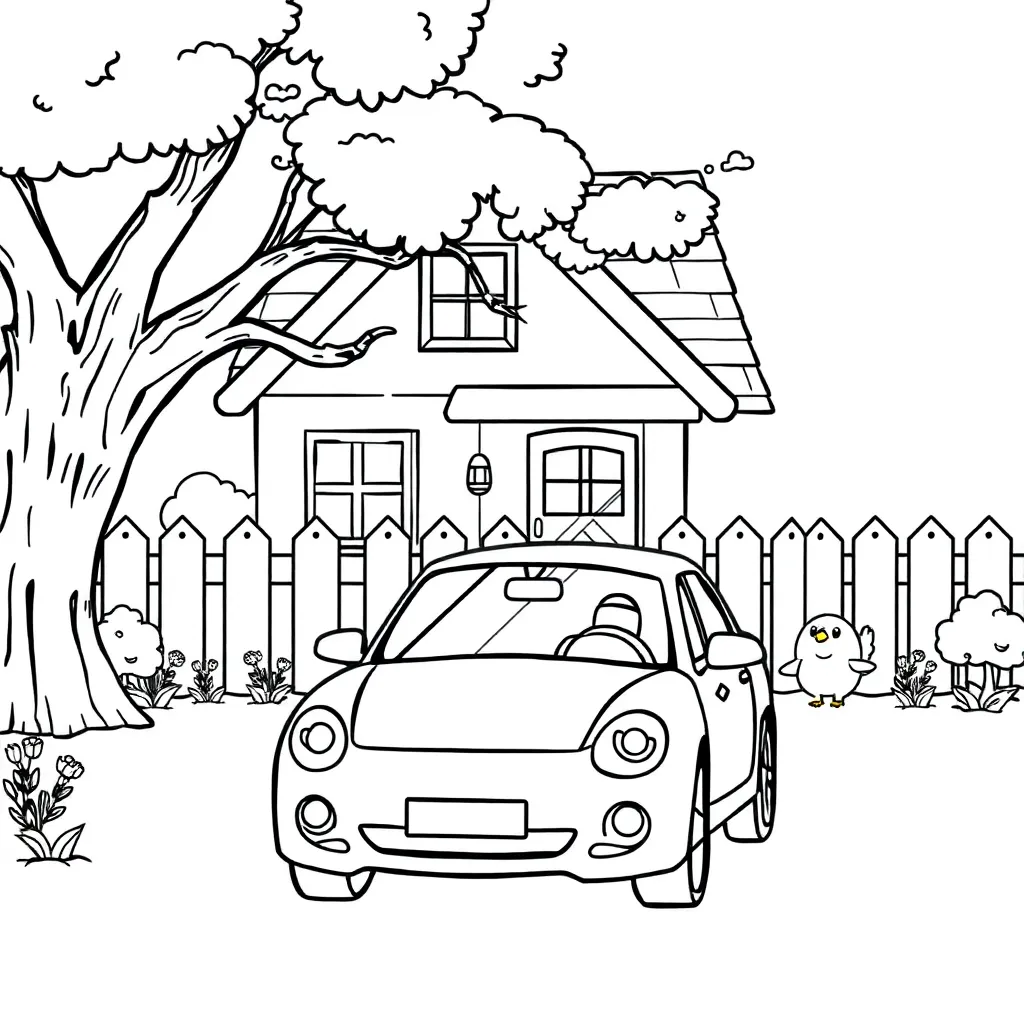 Auto Huis Boom Tuin Gezin coloring page for children