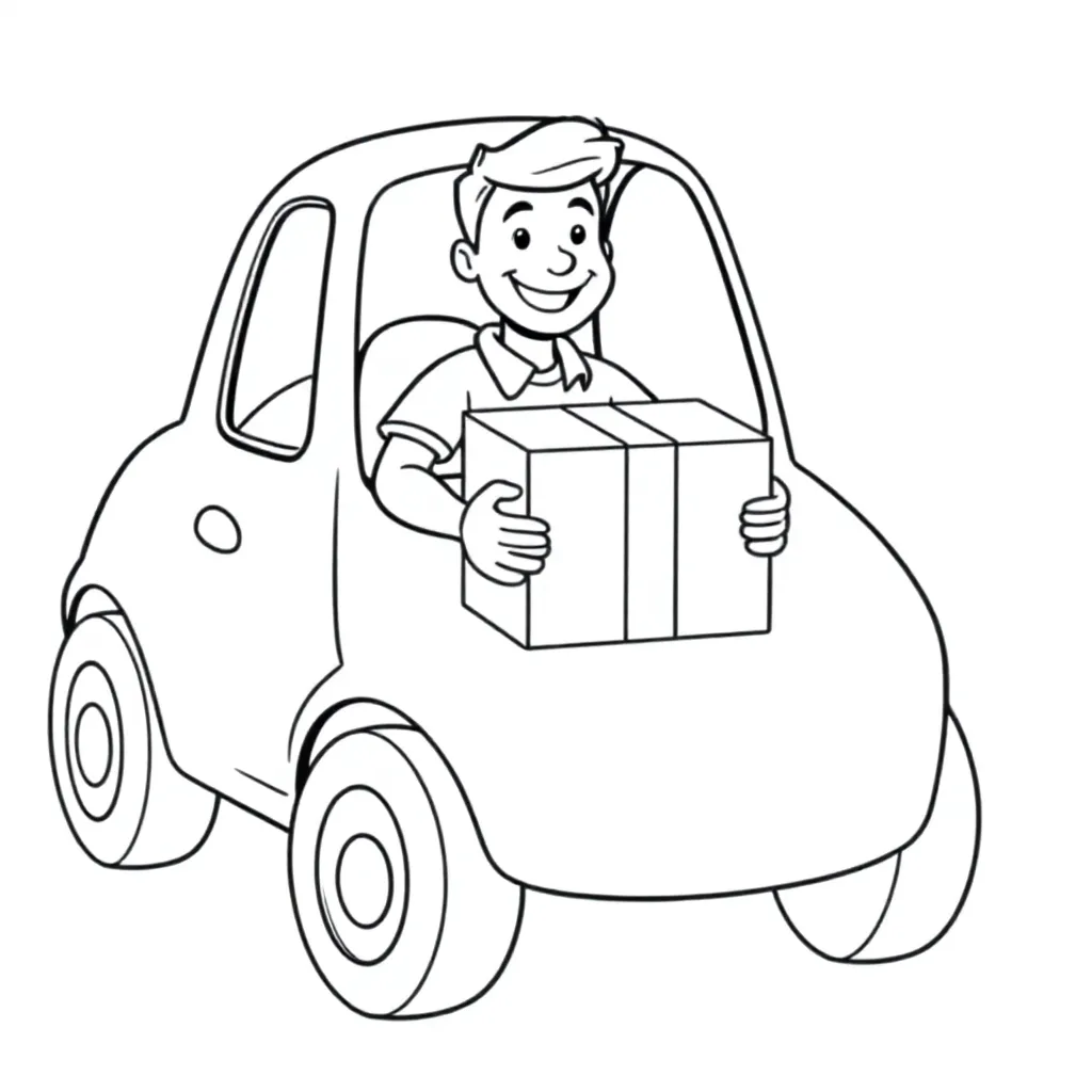 auto met man die pakket vast heeft coloring page for children