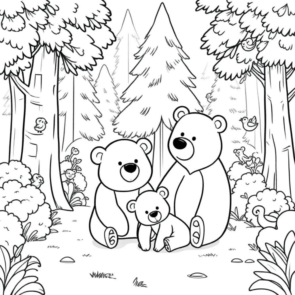 Feuille de coloriage Ourson et Papa Ourson dans la Forêt