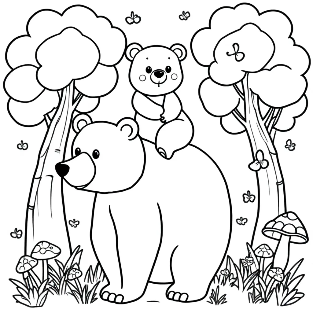 Feuille de coloriage gratuite : ourson sur le dos de son papa dans la forêt - Feuille de coloriage