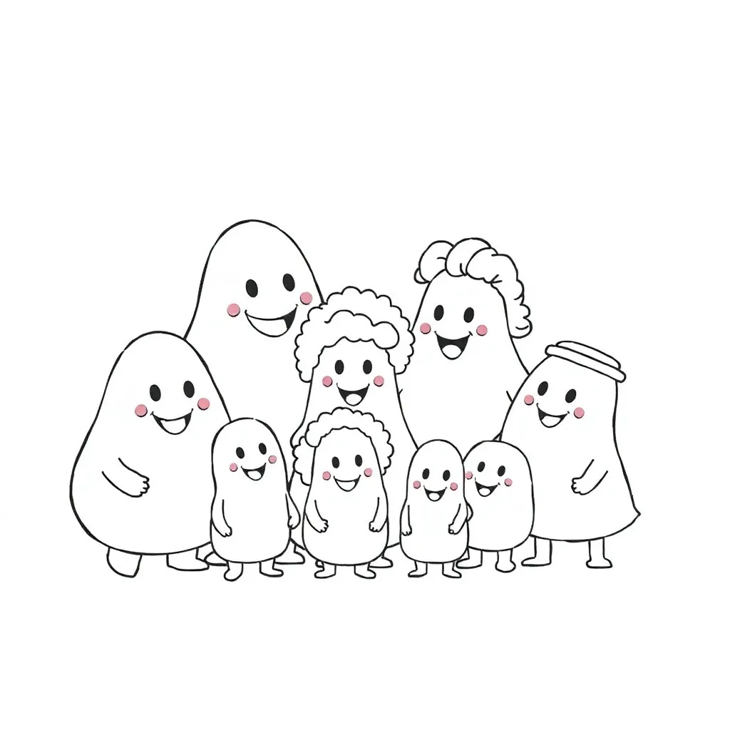 Barbapapa-Familie, rosa, kuschelig, schwarze Malvorlage für Kinder