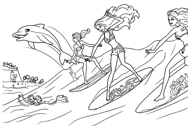 Barbie Surfing Dolphin coloring page for children