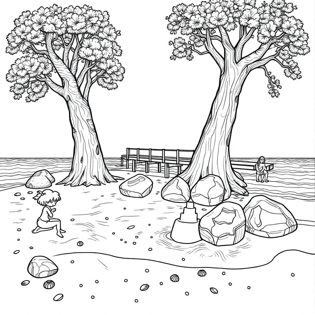 Bäume Steine Sand Menschen Meer mit Steg kleurplaat voor kinderen