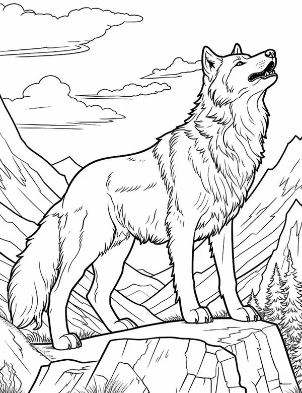 Beautiful Howling Wolf in the Mountains coloring page for children