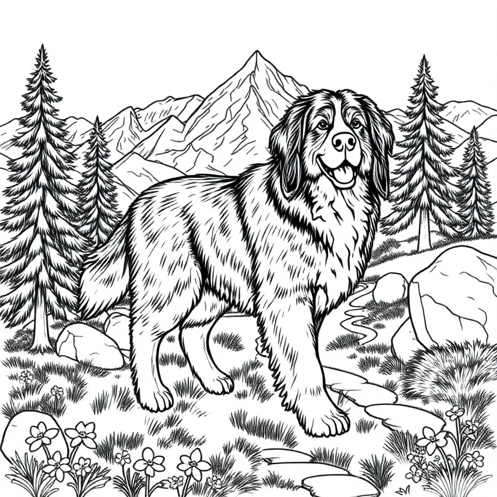 berner sennen hond wandelend in de bergen coloring page for children