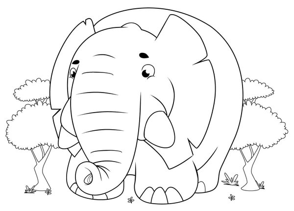 Coloring Page Big Cartoon Elephant in Forest