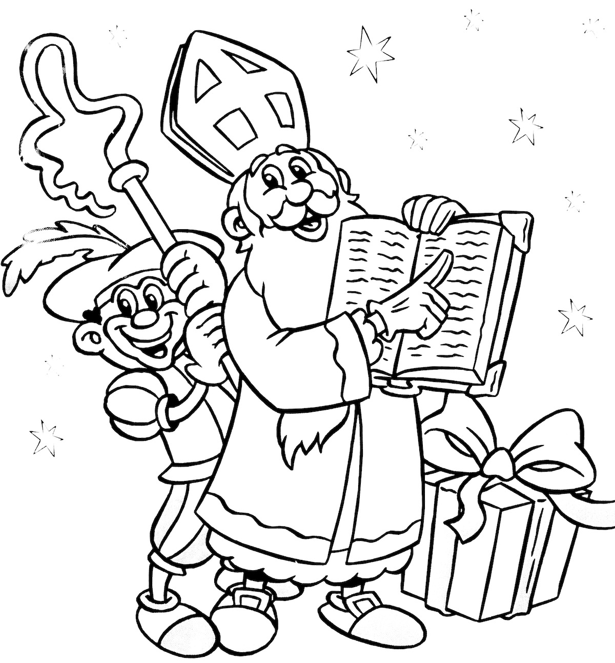 Feuille de coloriage gratuite Saint-Nicolas et Pierrot joyeux  pour enfants