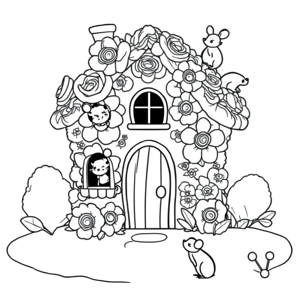 huis van bloemen waar 4 muisjes in wonen kleurplaat voor kinderen