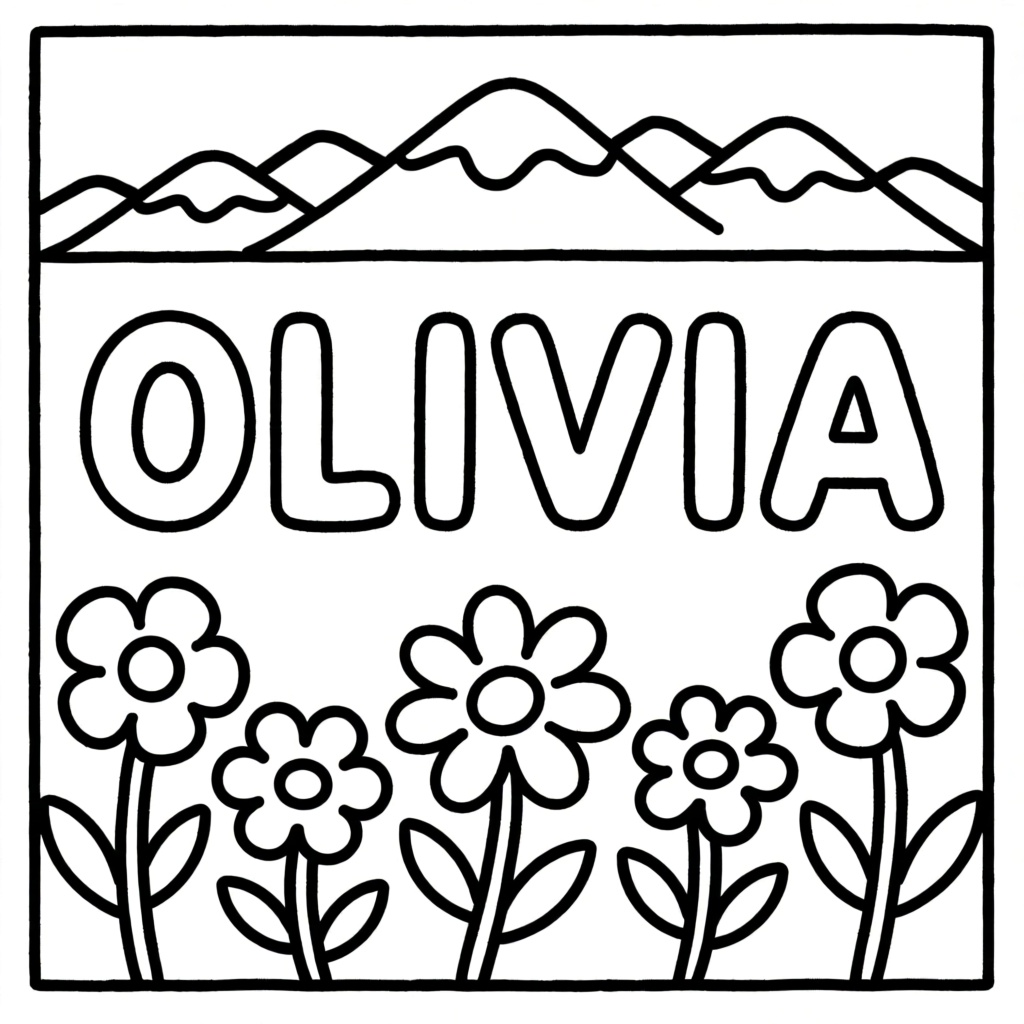 Bloemenveld in de bergen met de tekst op een billboard coloring page for children
