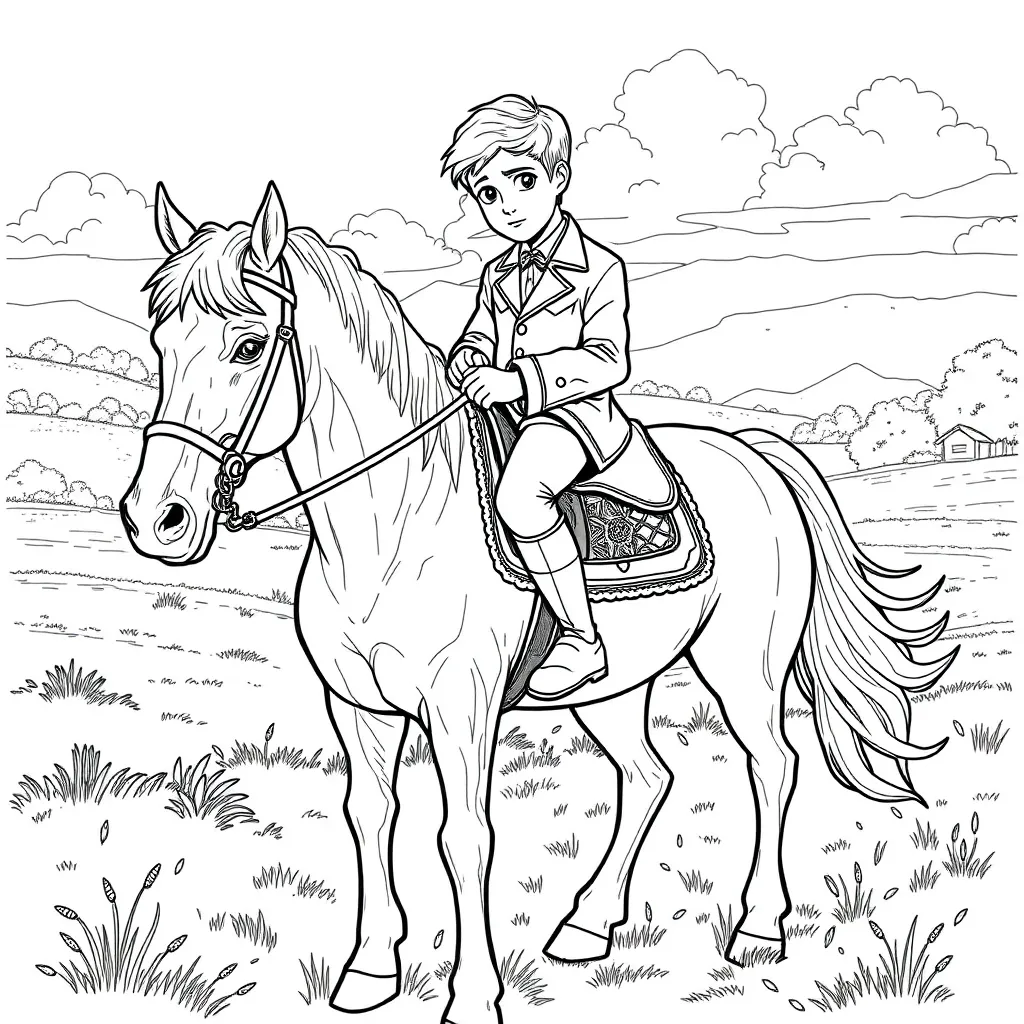 Niña rubia, niño, un caballo, con libro de colorear para niños