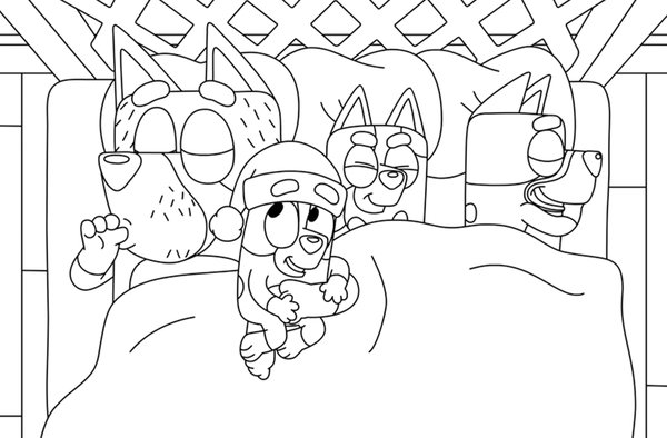 Bluey Christmas Bed coloring page for children