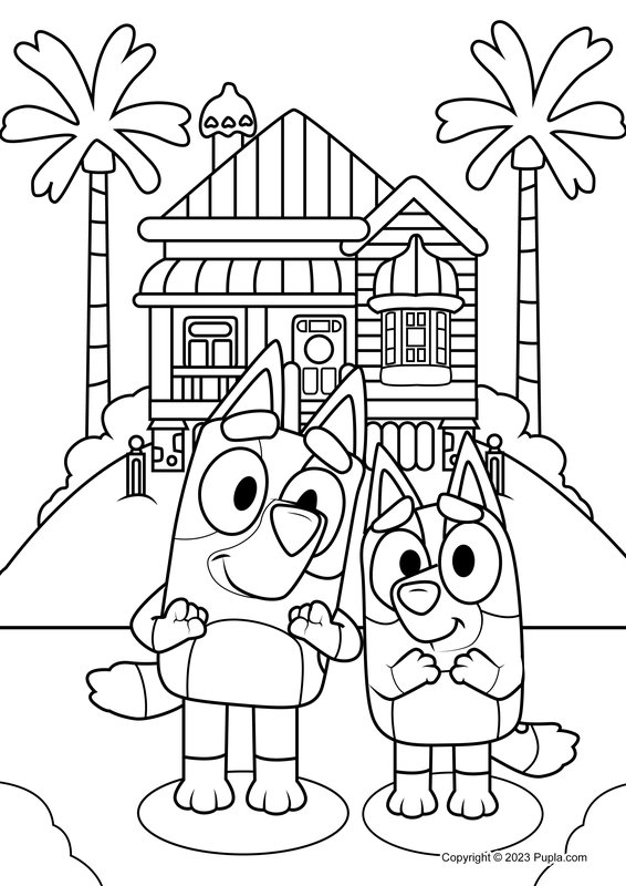 Bluey vor dem Haus coloring page for children