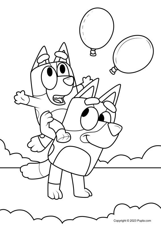 Bluey y Bingo jugando con globos coloring page for children