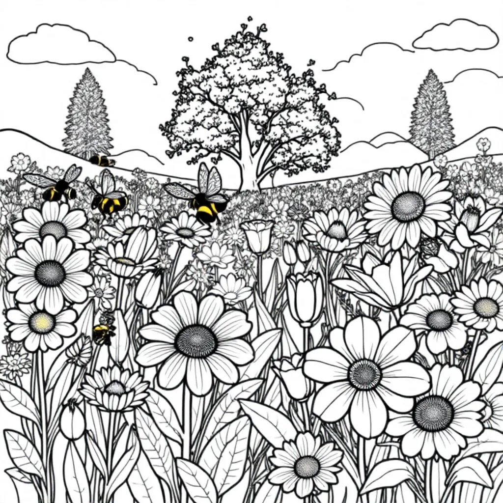 Blumenwiese mit Bienen und Bäumen kleurplaat voor kinderen