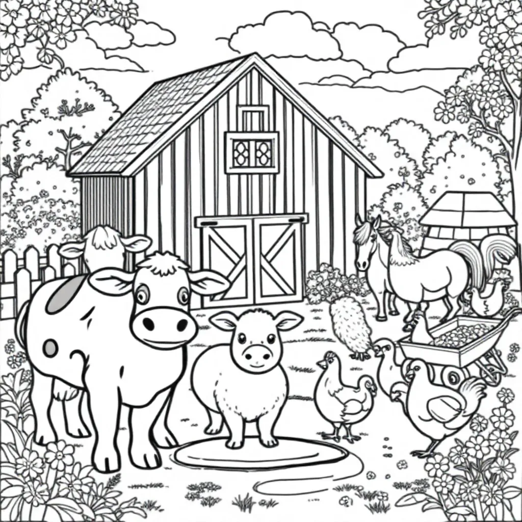 Boerderij met dieren om in te kleuren kleurplaat voor kinderen