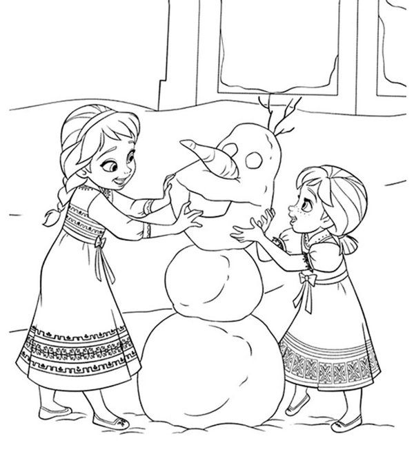Bonhomme De Neige En Construction Frozen Young Anna Elsa coloring page for children