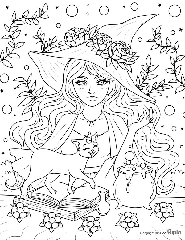 Bruja de Halloween con gato coloring page for children