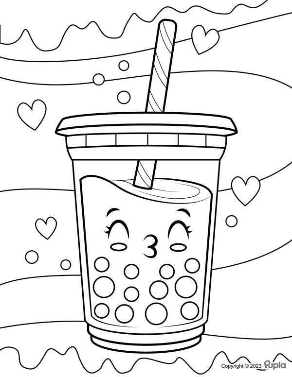 Bubble Tea Coloring Page with Hearts
