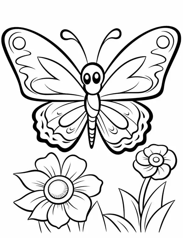 Butterfly Flying Above Flowers coloring page for children