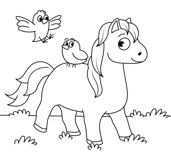 Caballo con pájaros coloring page for children