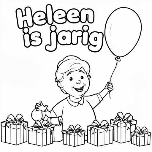 cadeautjes en een oma die heel blij is de oma moet een ballon in haar rechterhand hebben kleurplaat