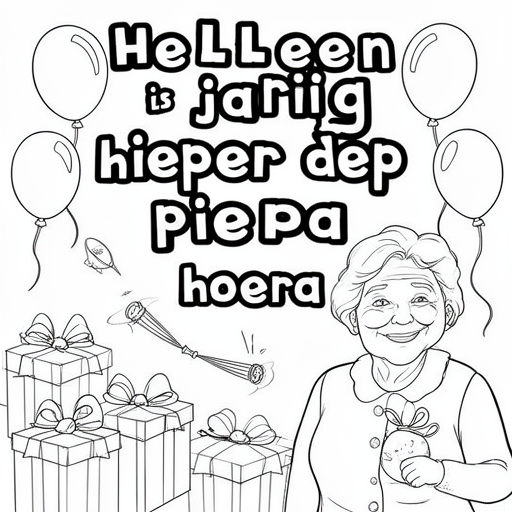 cadeautjes, slingers, een oma en ballonnen kleurplaat voor kinderen