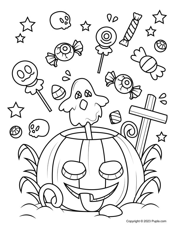 Calabaza y caramelos de Halloween coloring page for children