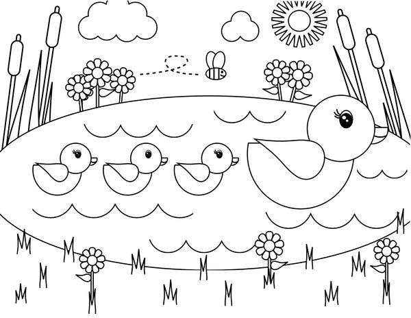 Canards De Printemps Dans L Etang coloring page for children