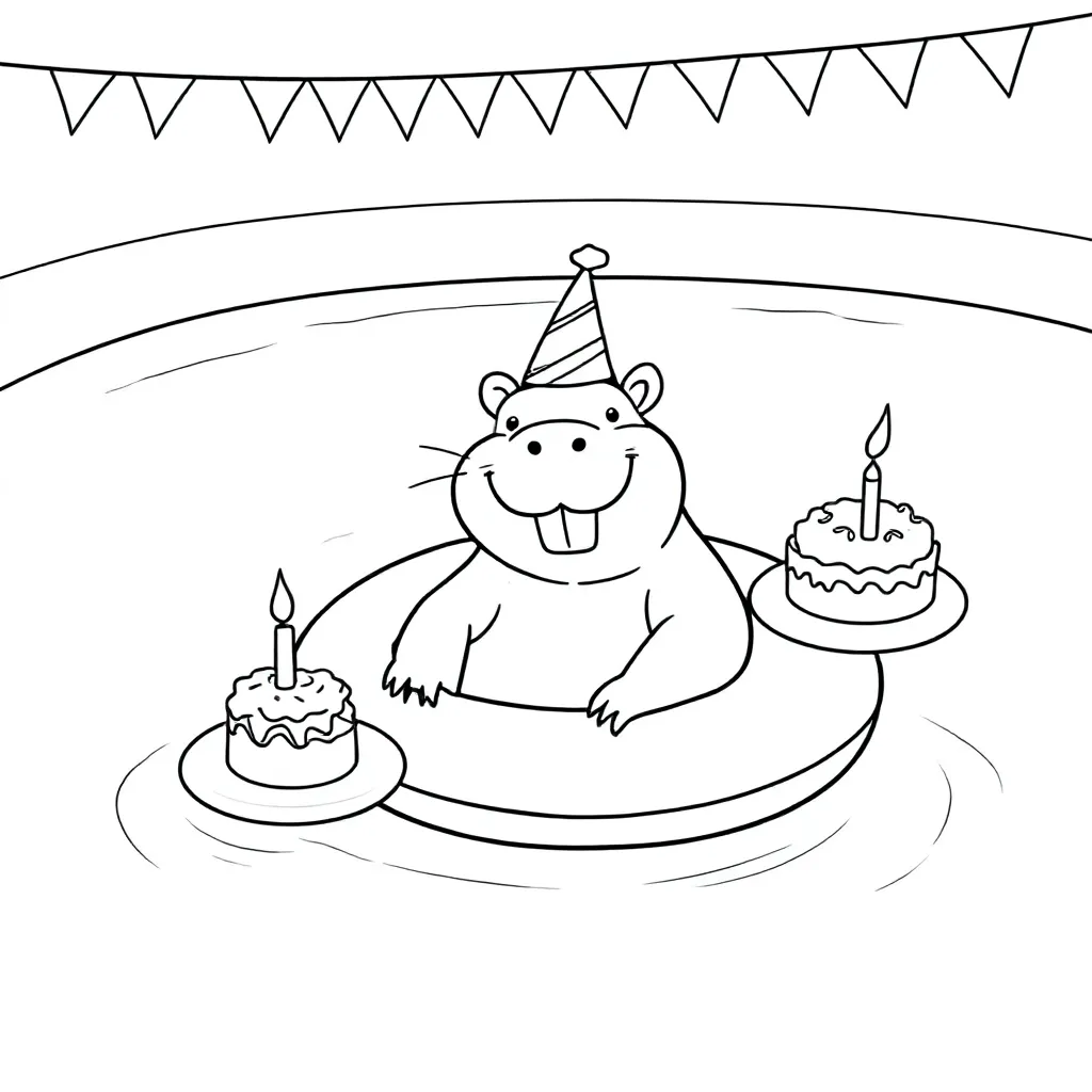 Capibara die de verjaardag van florien viert in een zwembad coloring page for children