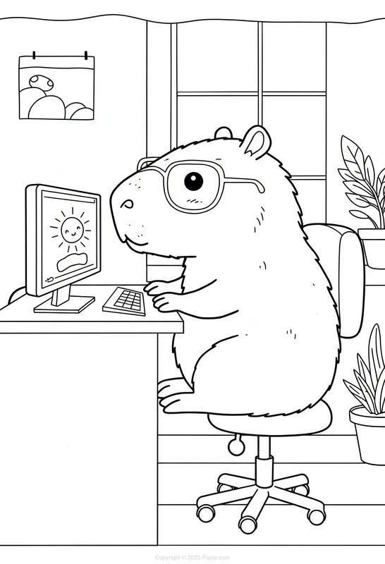 Capybara bei der Arbeit an einem Computer coloring page for children