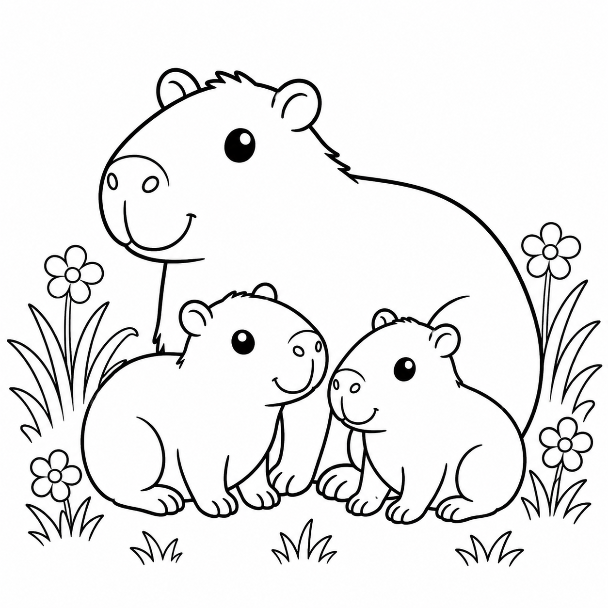 Famiglia di capibara sull'erba