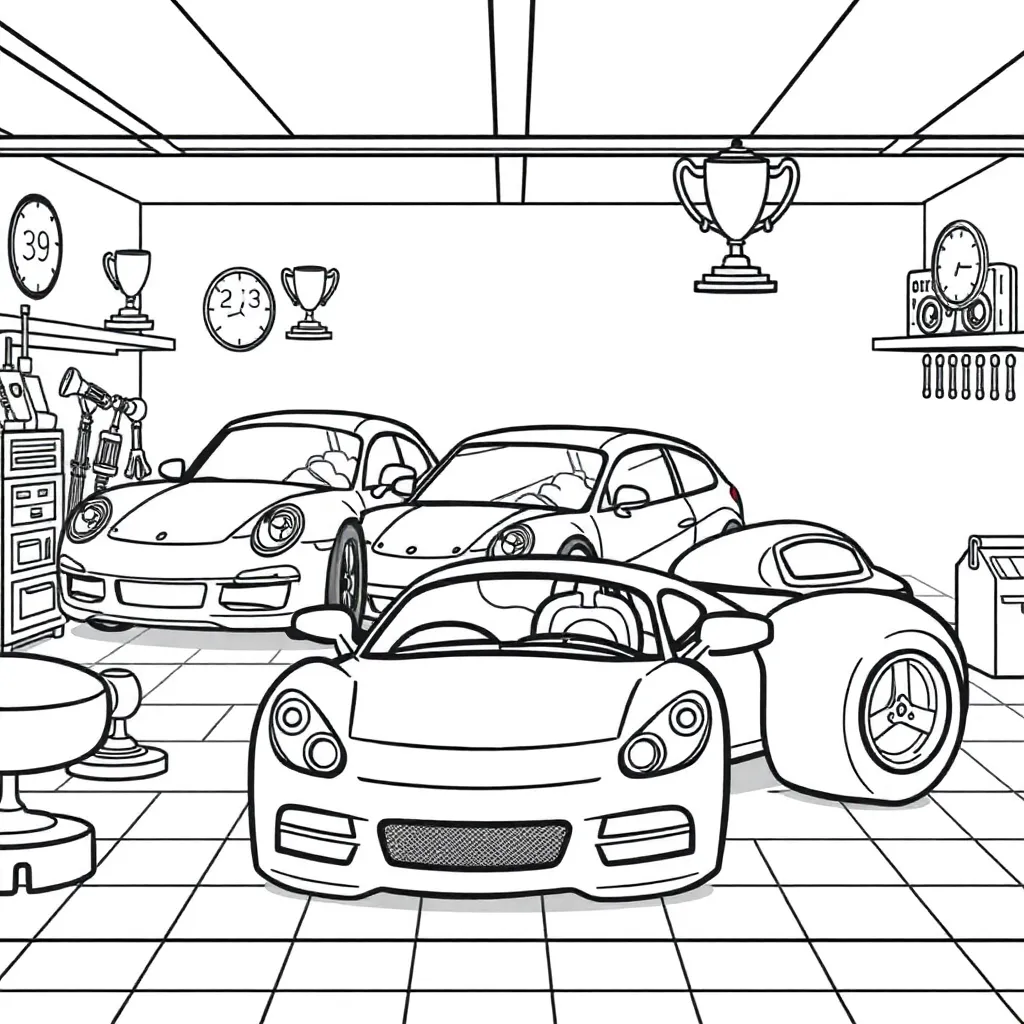 Cars Garage Race Cartoon Animatie coloring page for children