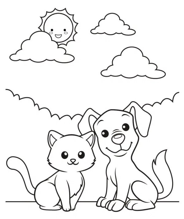 Chat Et Chiot Assis Au Soleil coloring page for children
