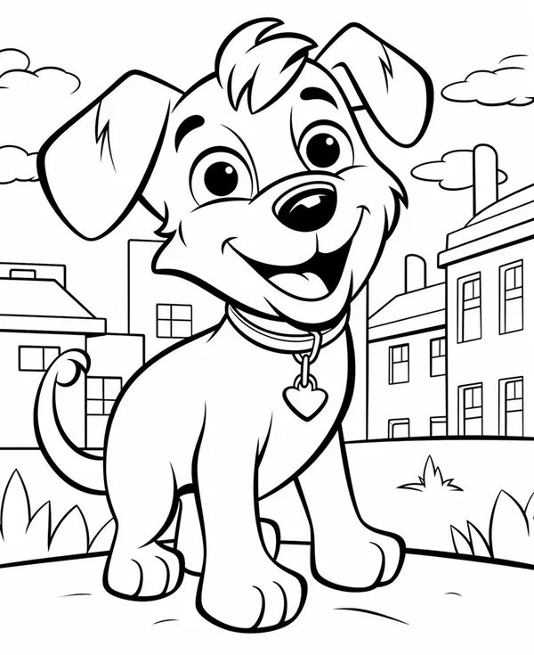 Chien Heureux Sur Fond De Ville coloring page for children