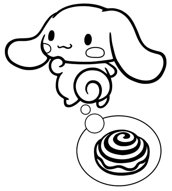 Cinnamoroll pensando en un Cinnamon Roll coloring page for children