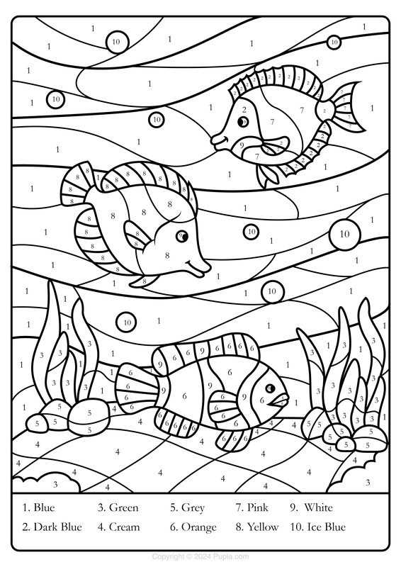 Color By Number Fishes coloring page for children