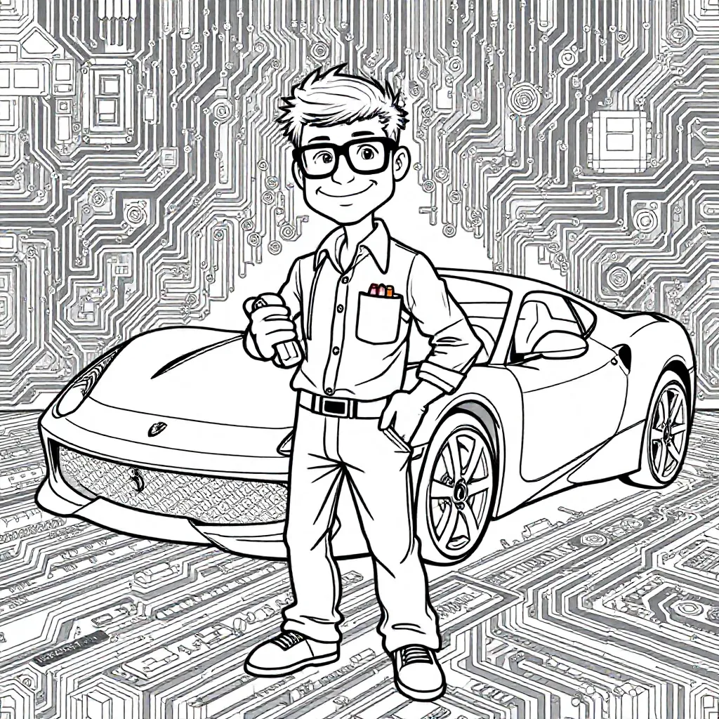 Feuille de coloriage: Nerd informatique gratuit avec une Ferrari  Feuille de coloriage pour enfants