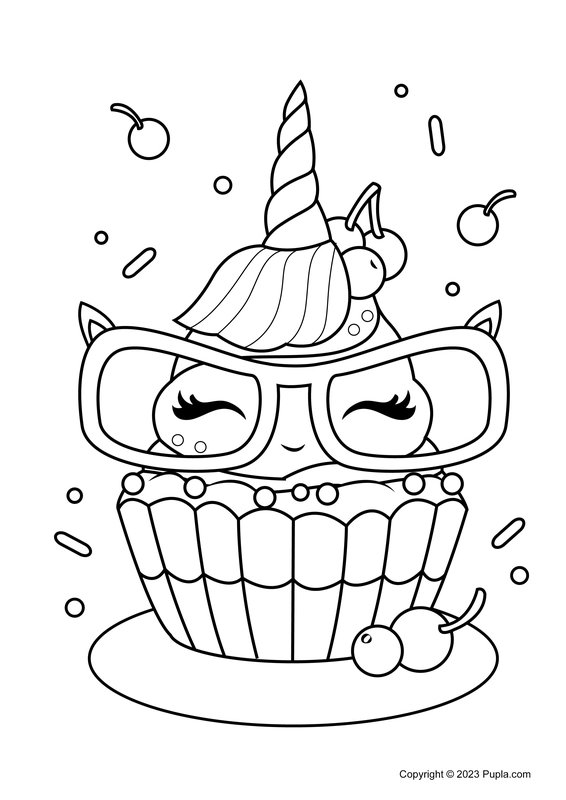 Cute Unicorn Cupcape With Glasses coloring page for children