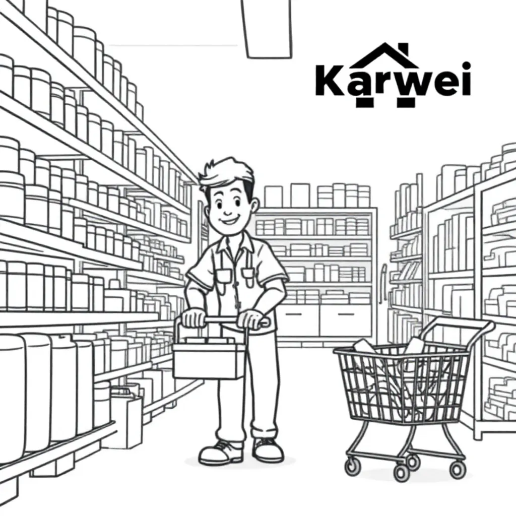 Feuille de coloriage gratuite du magasin de bricolage Karwei avec un employé travaillant dur.