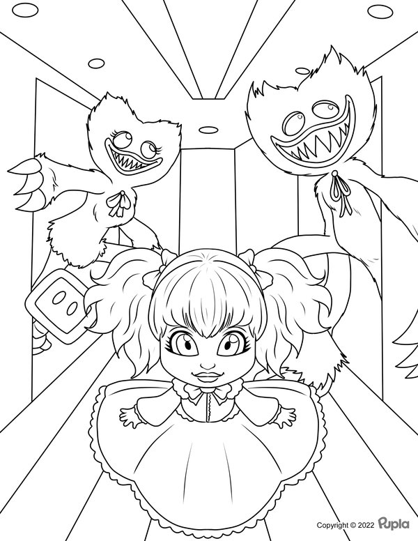 Deux Huggy Wuggy S Et Une Poupee coloring page for children